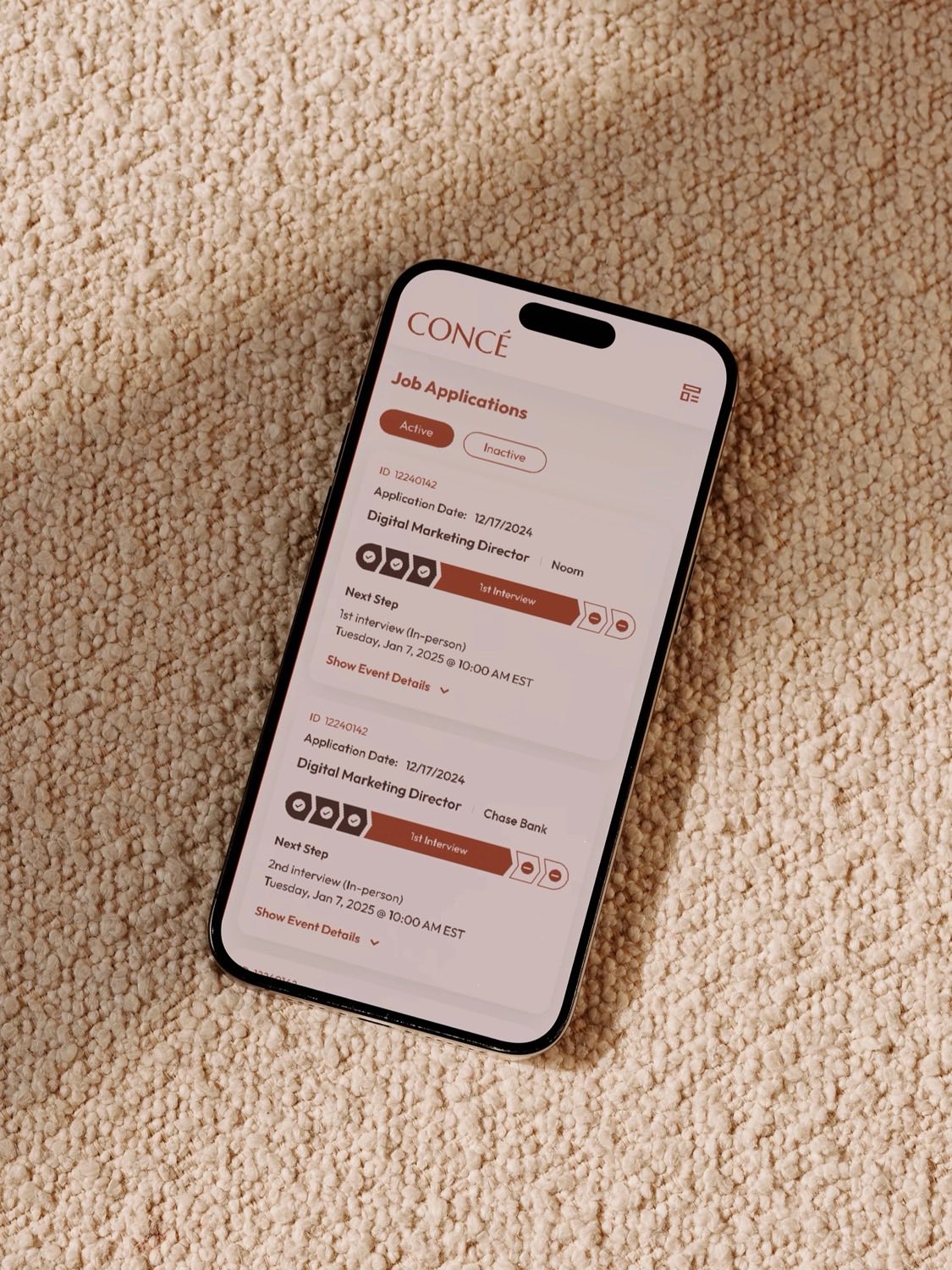 Concé mobile app showing job applications
