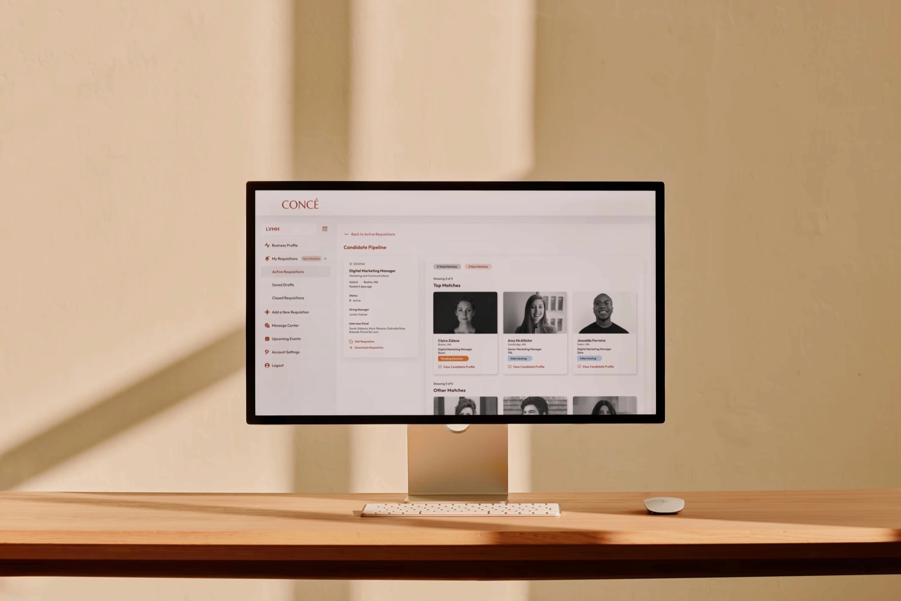 Concé desktop UI showing candidate pipeline