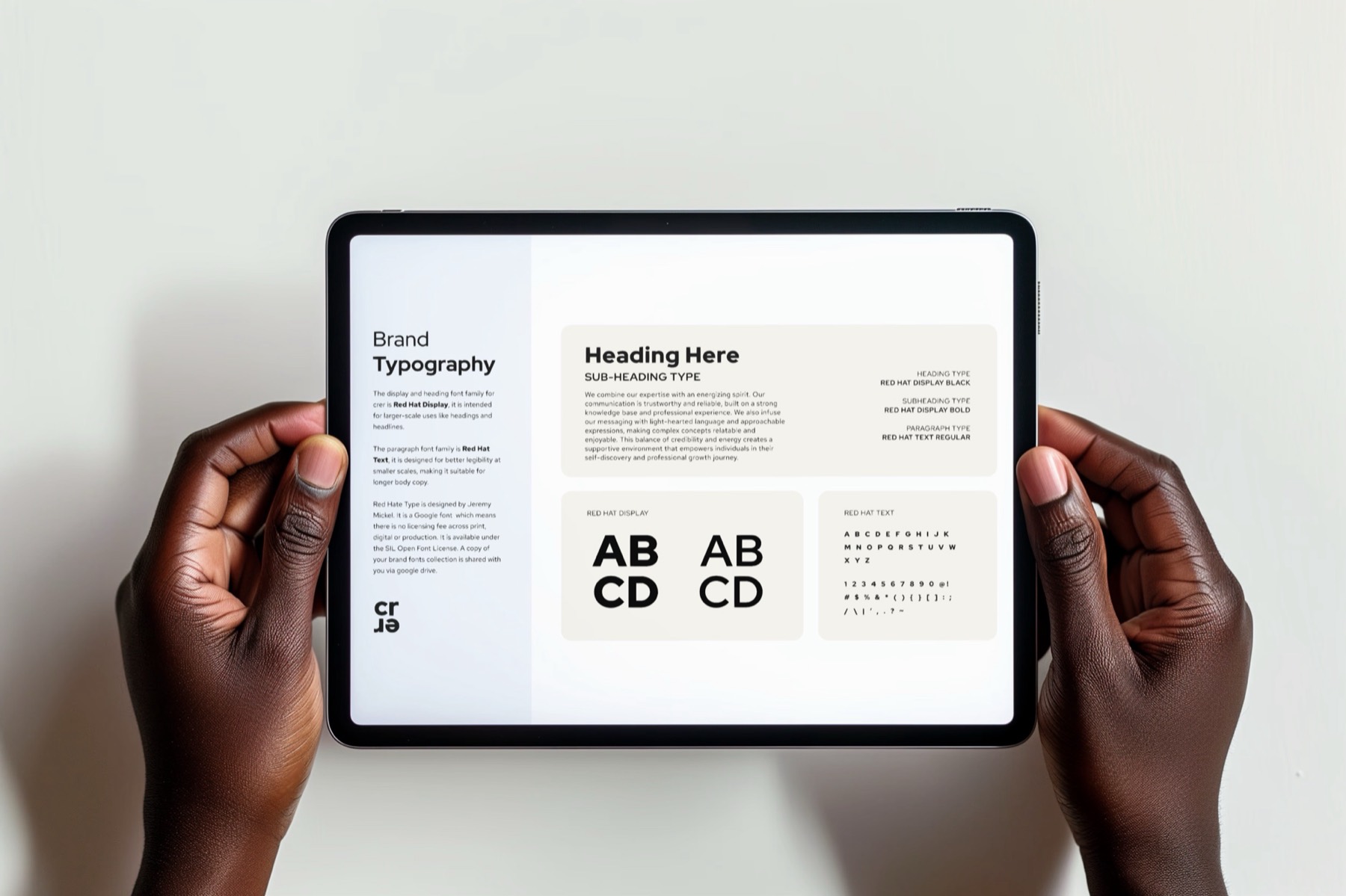 Crer brand typography on tablet